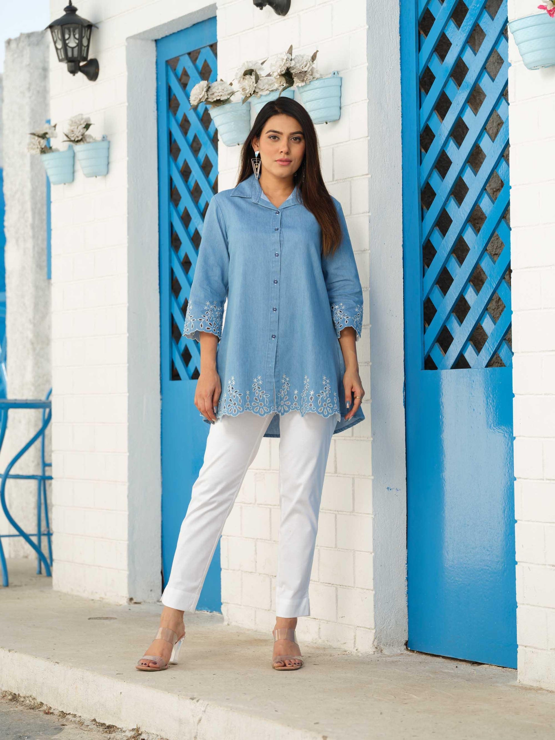 Product Carousel Image 5: Shirt collar denim top with cutwork embroidery
