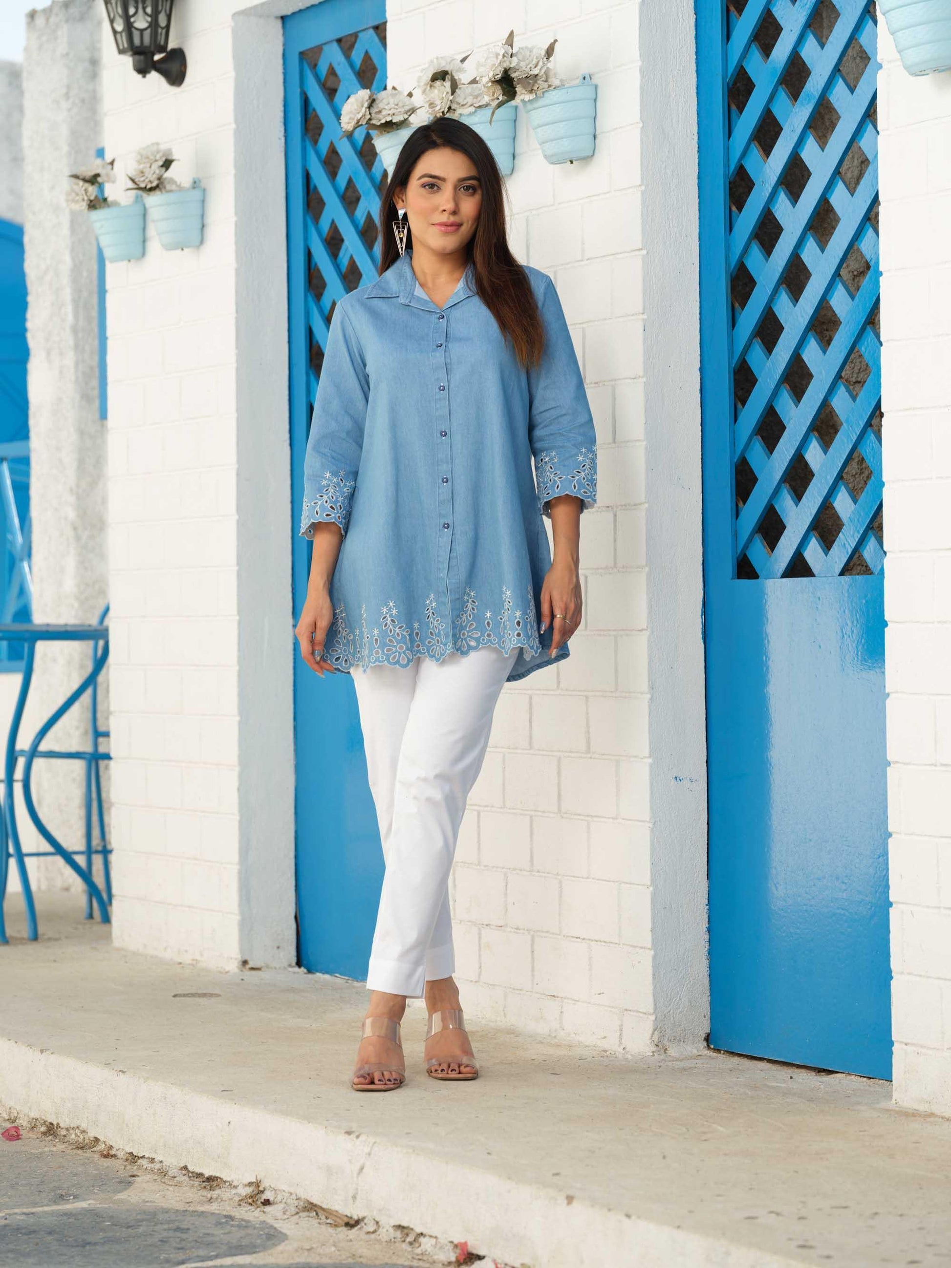 Product Carousel Image 6: Shirt collar denim top with cutwork embroidery