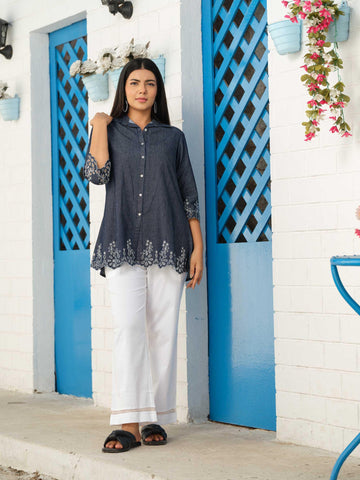 Shirt collar denim top with cutwork embroidery - Etiquette Apparel