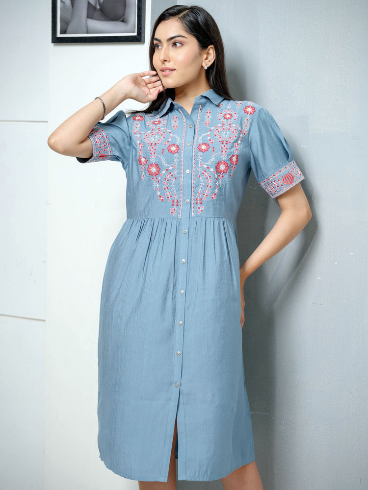 Solid Colored Dress With Collar Embellished With Dori Work Etiquette Apparel