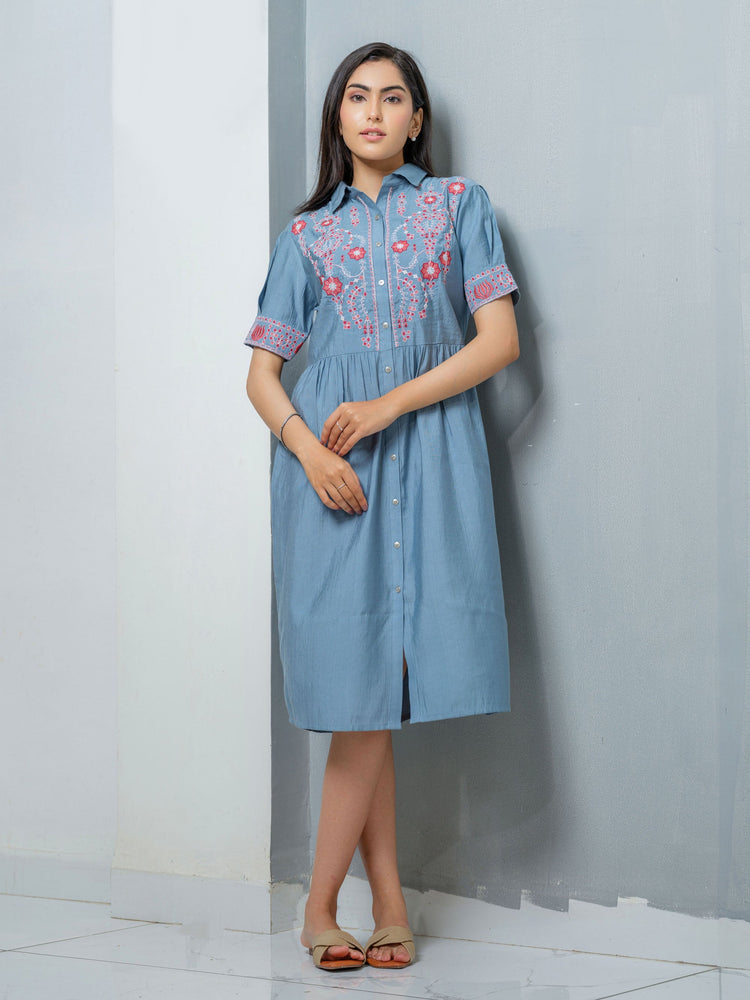 Solid Colored Dress With Collar Embellished With Dori Work Etiquette Apparel