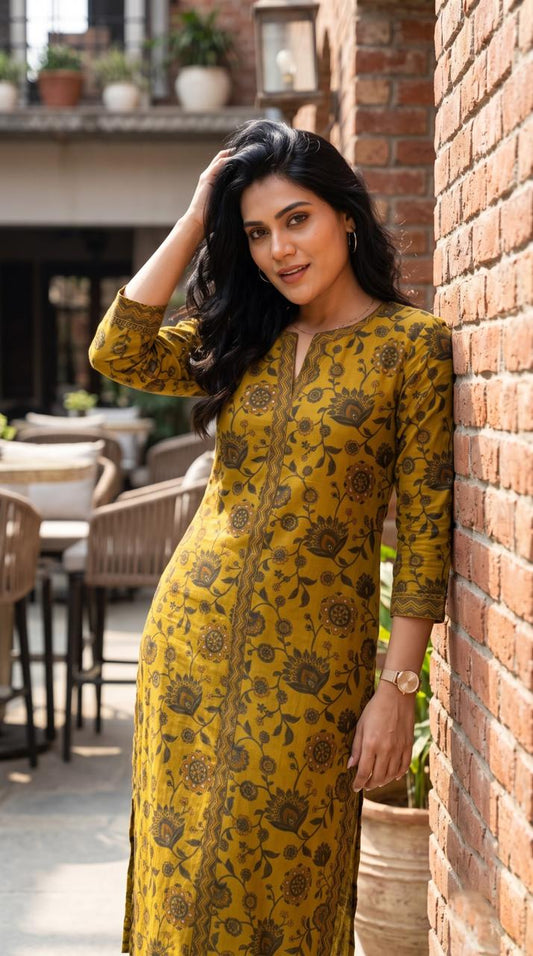 Floral Print Kurta With Geometric Touch