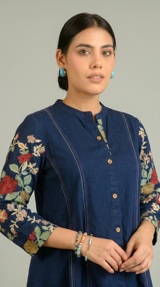 Handpainted Denim Sleeved Top - Etiquette Apparel
