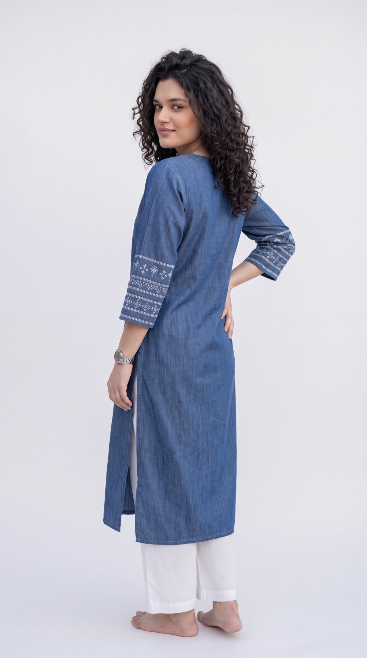 Cross Stitch Denim Indigo Kurta - Etiquette Apparel