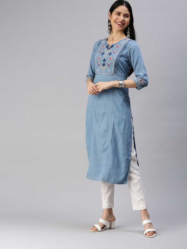 Indigo denim kurta with embroidered yoke and sleeves - Etiquette Apparel