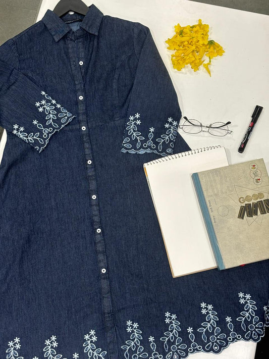 Indigo Denim Cutwork Dress - Etiquette Apparel