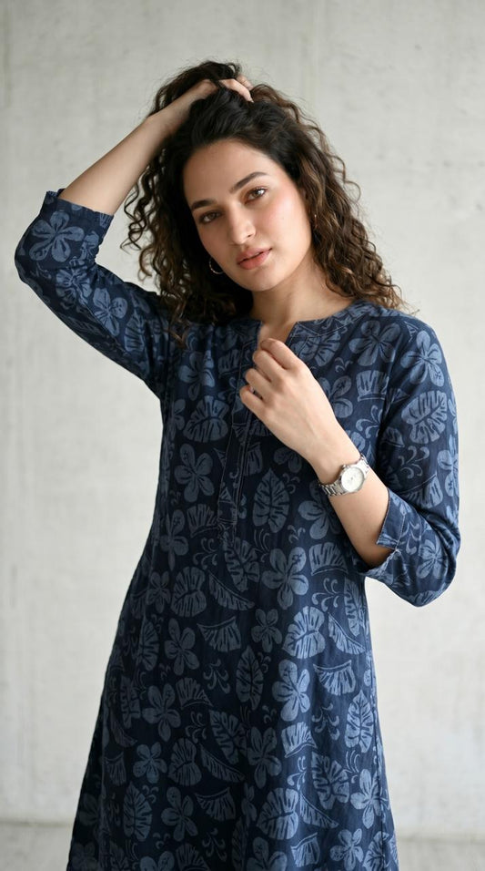 Ink and Indigo Dischage Print Dress - Etiquette Apparel