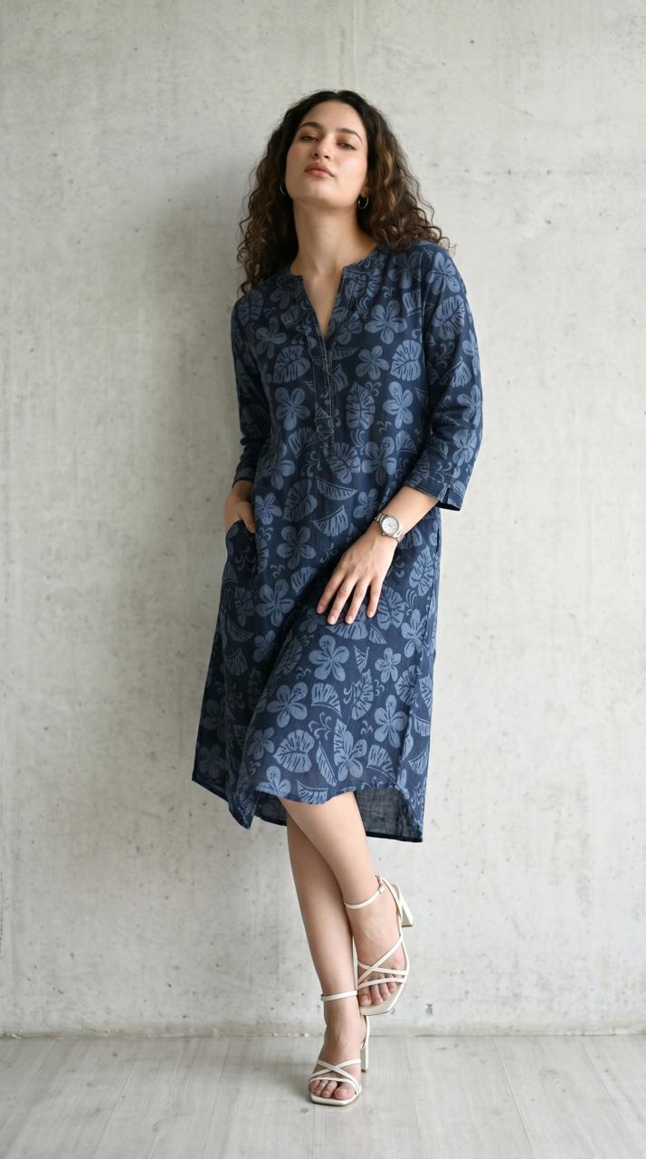 Ink and Indigo Dischage Print Dress - Etiquette Apparel