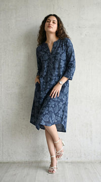 Ink and Indigo Dischage Print Dress - Etiquette Apparel
