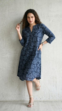 Ink and Indigo Dischage Print Dress - Etiquette Apparel