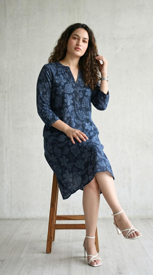 Ink and Indigo Dischage Print Dress - Etiquette Apparel