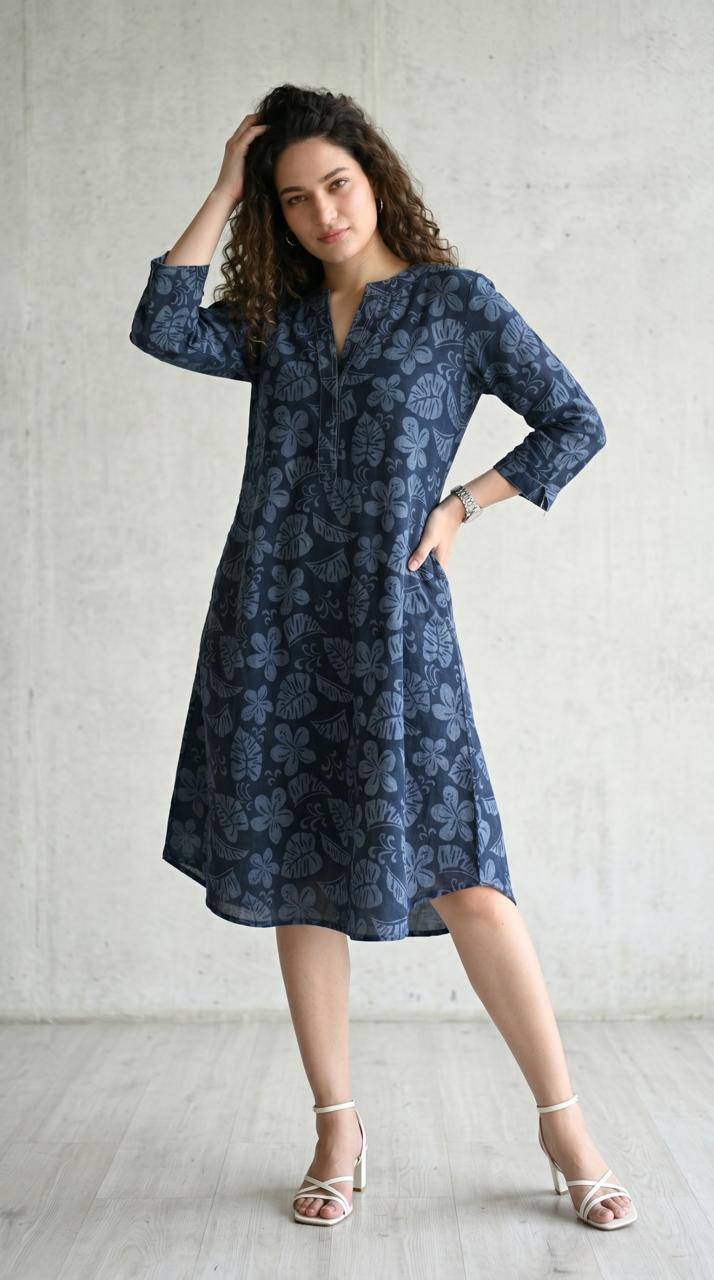Ink and Indigo Dischage Print Dress - Etiquette Apparel