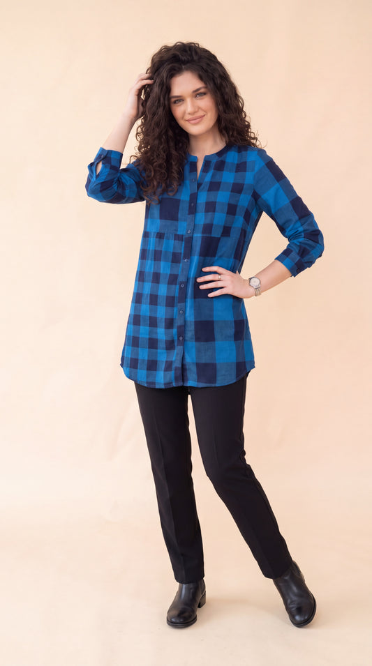 Blue Check Longline Shirt Top