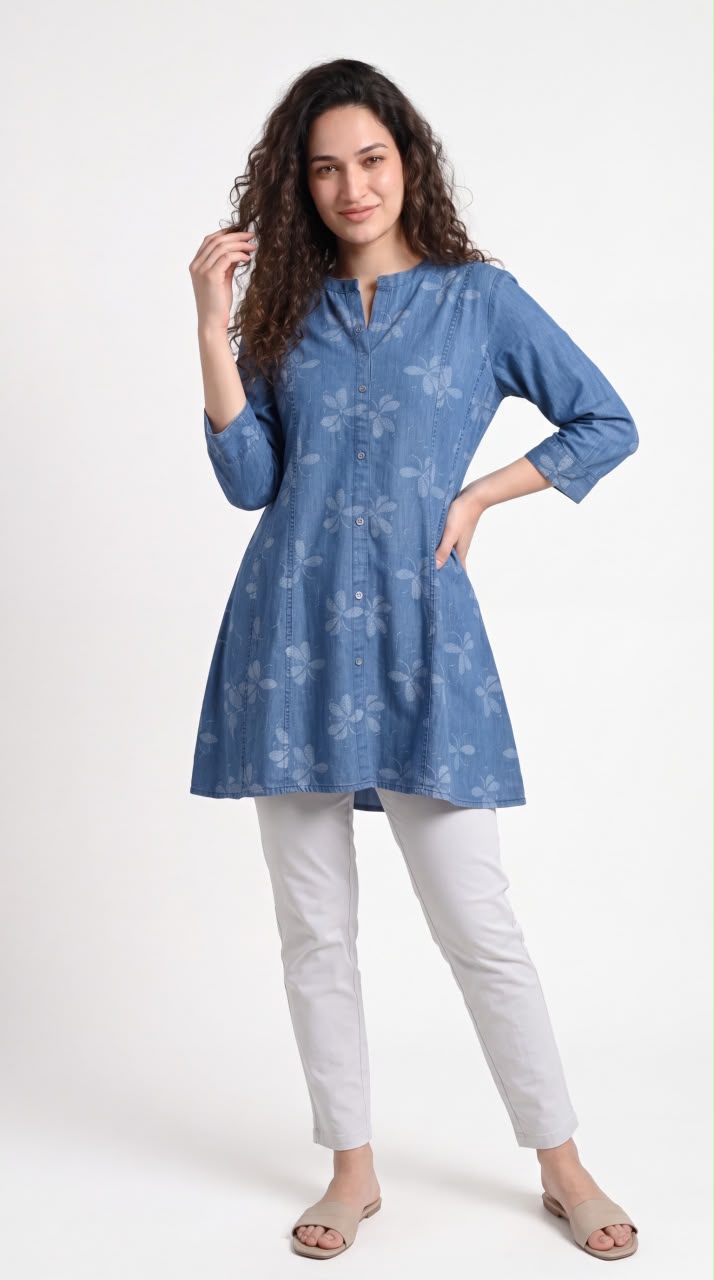 Chic Floral Printed Denim Top