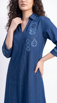 Indigo Embroidered Denim Dress - Etiquette Apparel
