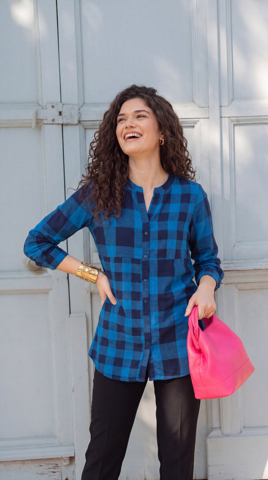 Blue Check Longline Shirt Top