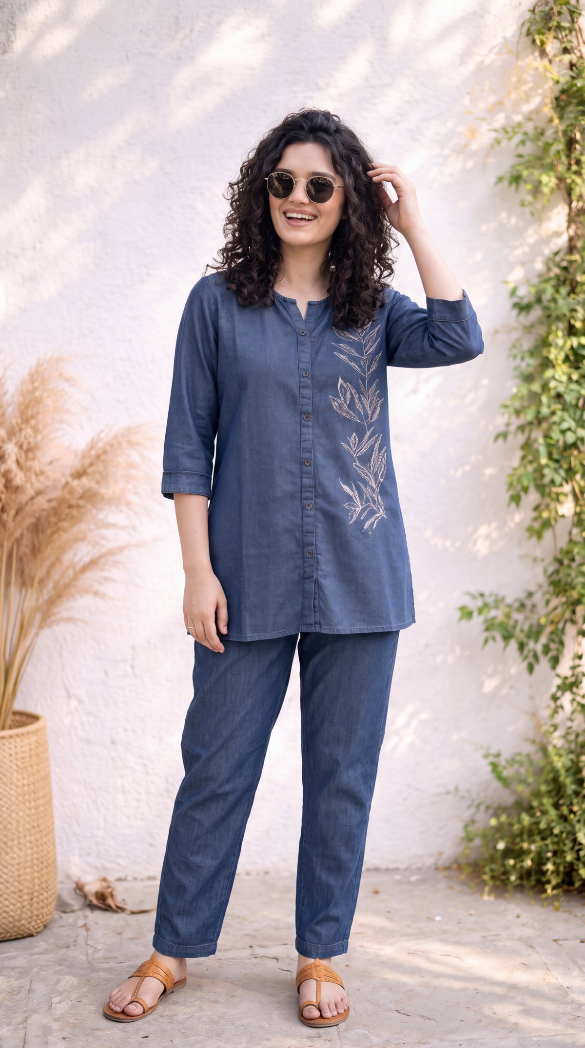 Botanical Embroidered Denim Co-ord Set - Etiquette Apparel