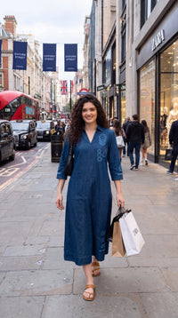 Indigo Embroidered Denim Dress - Etiquette Apparel