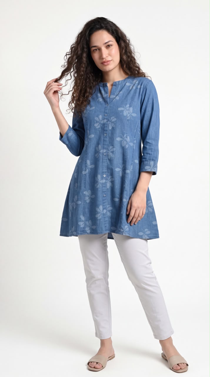 Chic Floral Printed Denim Top