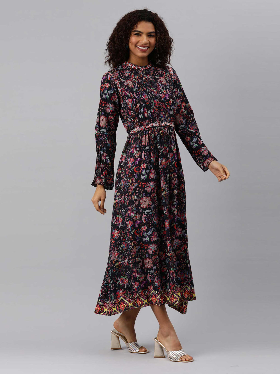 Floral print Aline dress with an embroidered belt