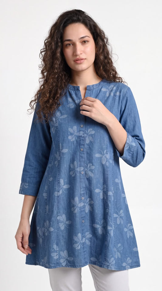Chic Floral Printed Denim Top
