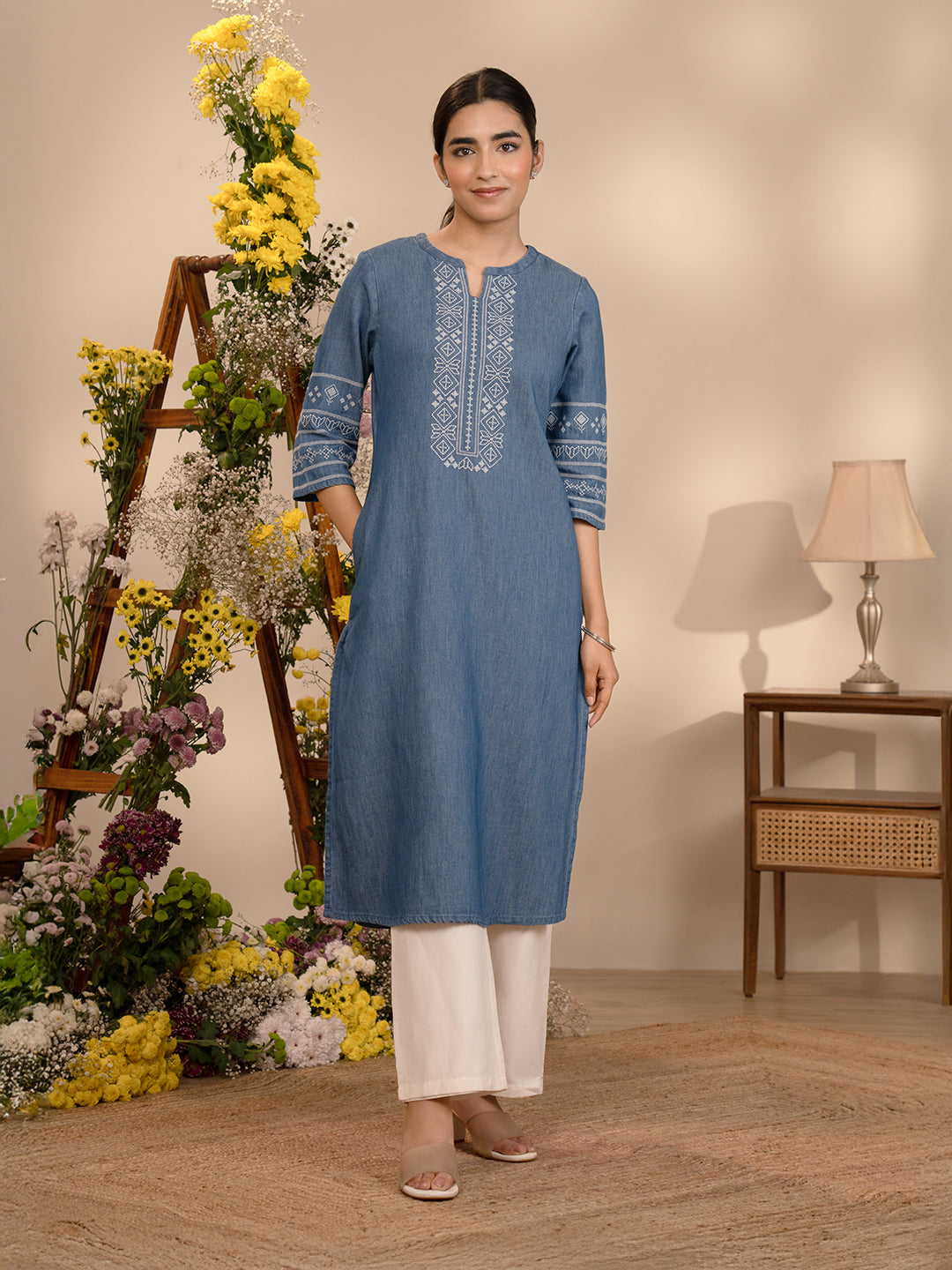 Cross Stitch Detailed Denim Indigo Kurta