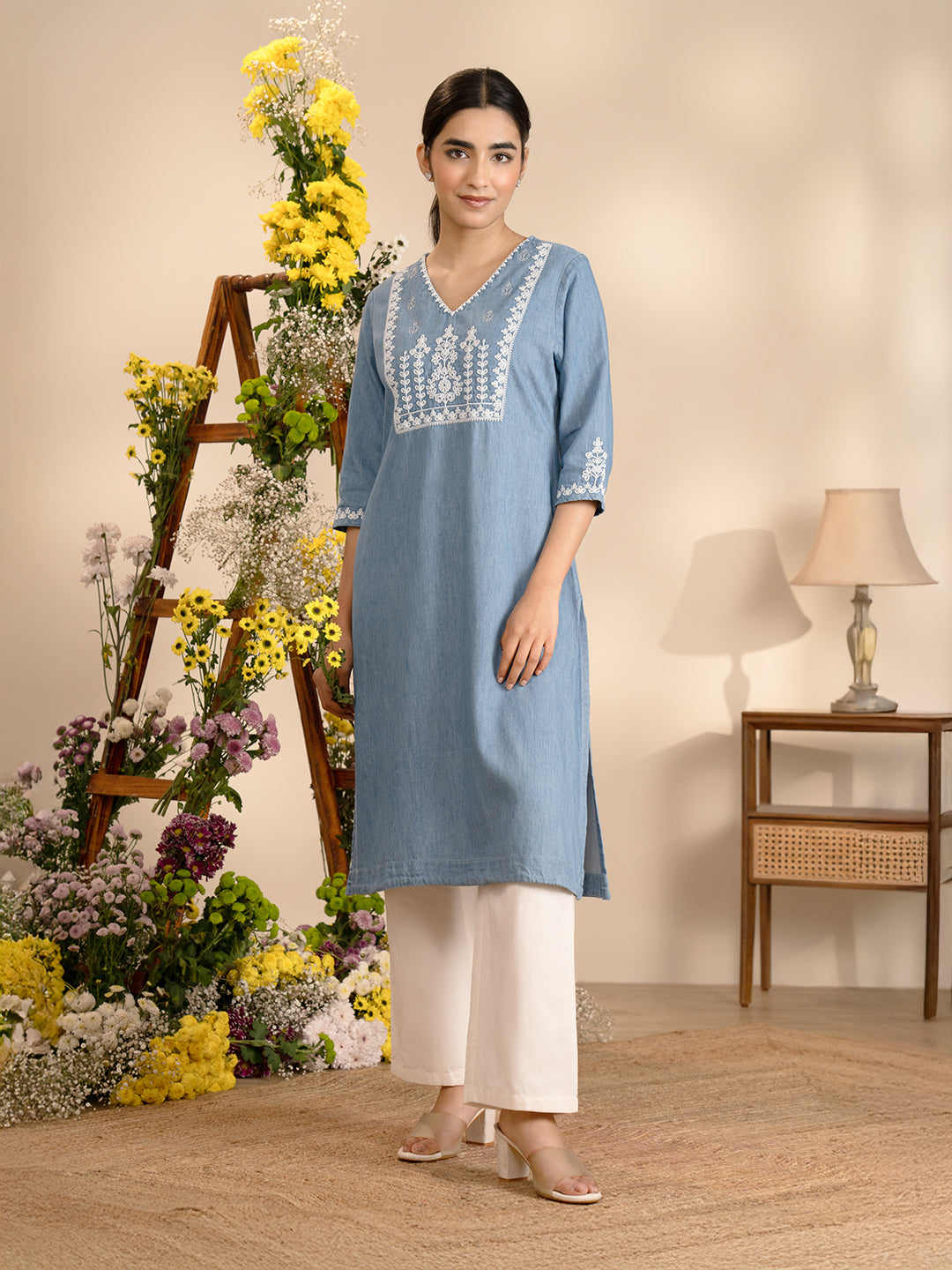Floral Dori Yoke Indigo Kurta - Etiquette Apparel