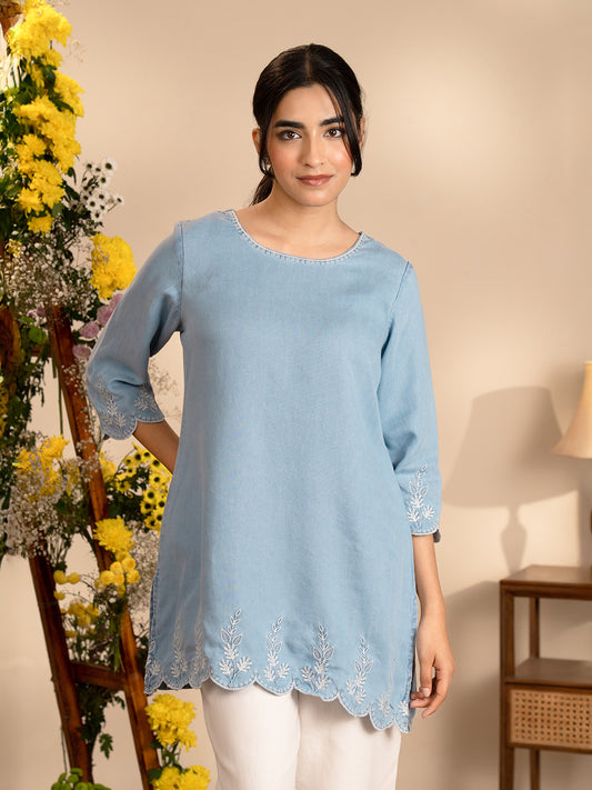 Scallop Cutwork Denim Indigo Top - Etiquette Apparel
