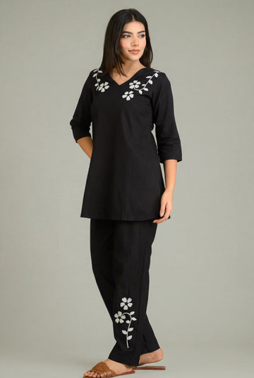 Black Denim Bloom Co-ord Set - Etiquette Apparel 