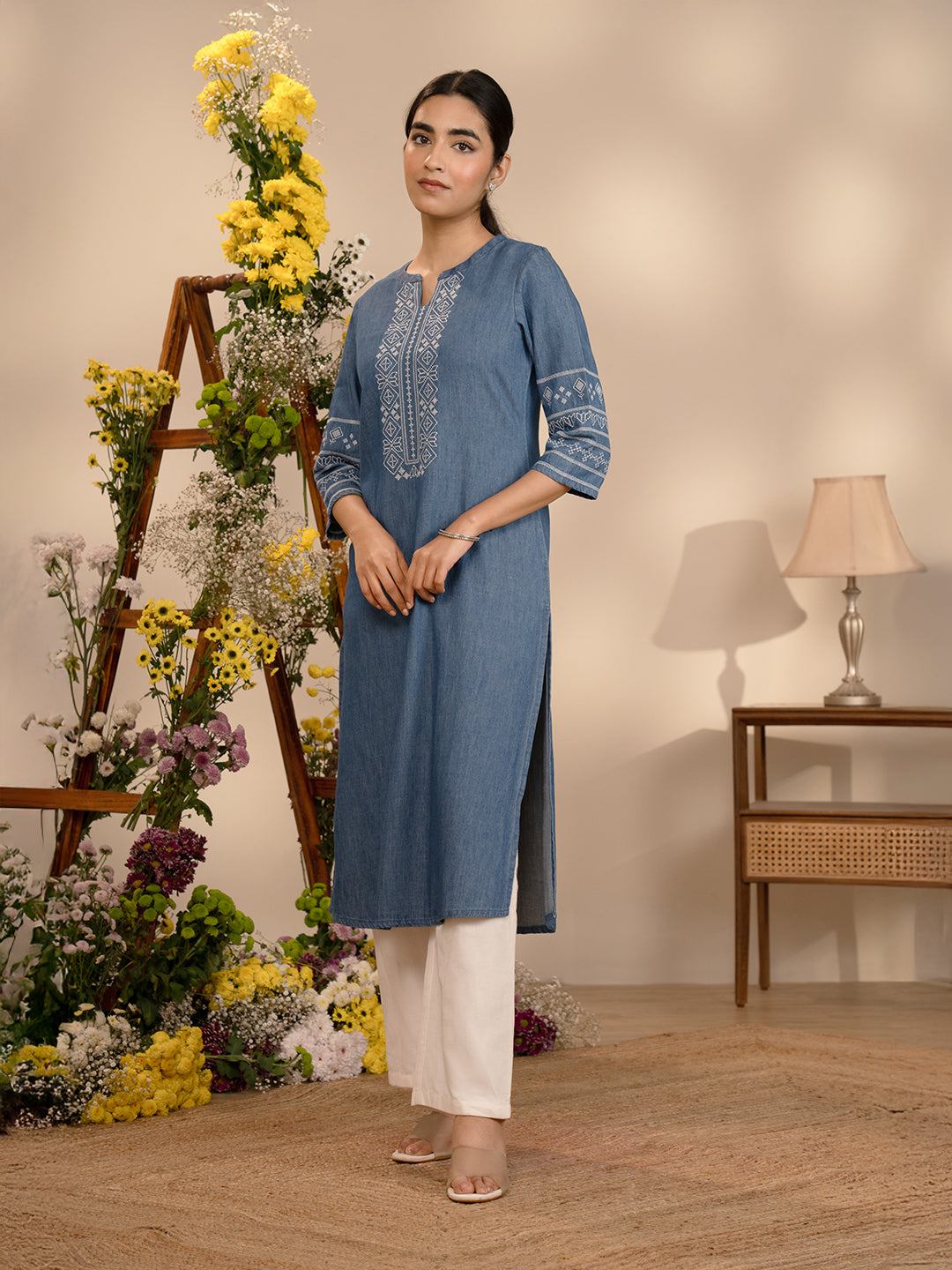 Cross Stitch Denim Indigo Kurta - Etiquette Apparel