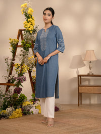 Cross Stitch Denim Indigo Kurta - Etiquette Apparel