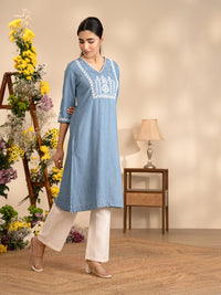 Floral Dori Yoke Indigo Kurta - Etiquette Apparel