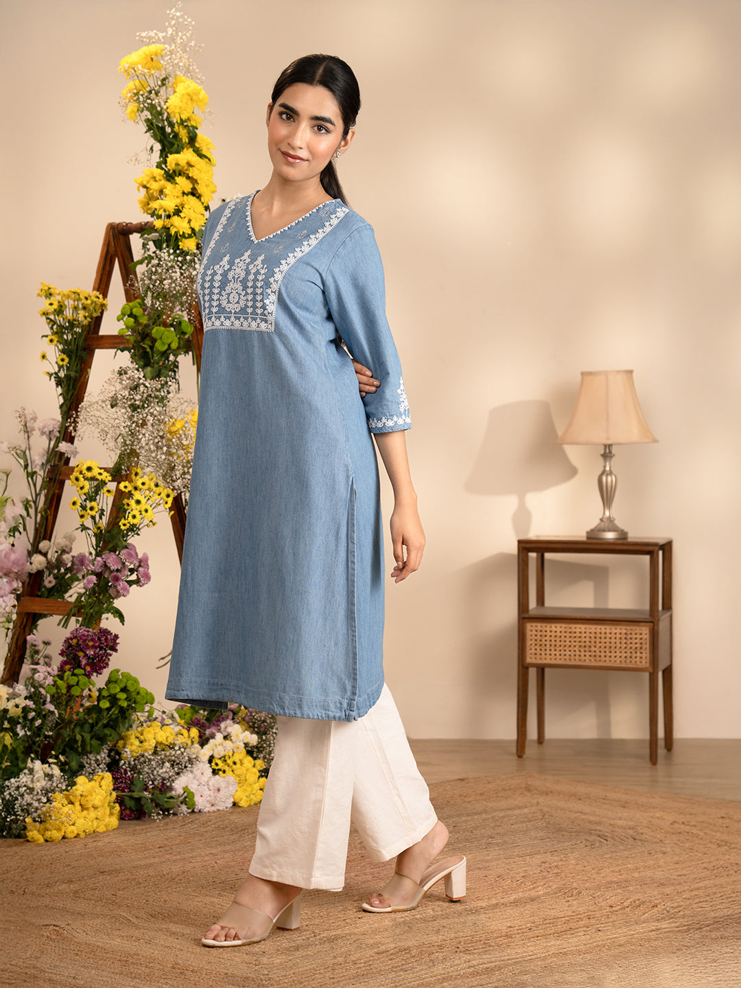 Floral Dori Yoke Indigo Kurta - Etiquette Apparel