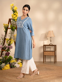 Floral Dori Yoke Indigo Kurta - Etiquette Apparel