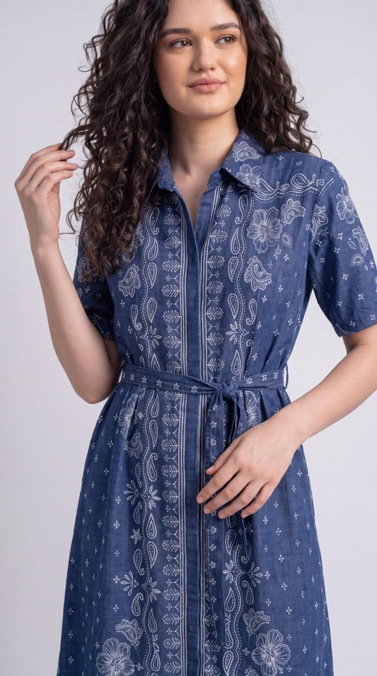 Floral Paisley Printed Denim Dress