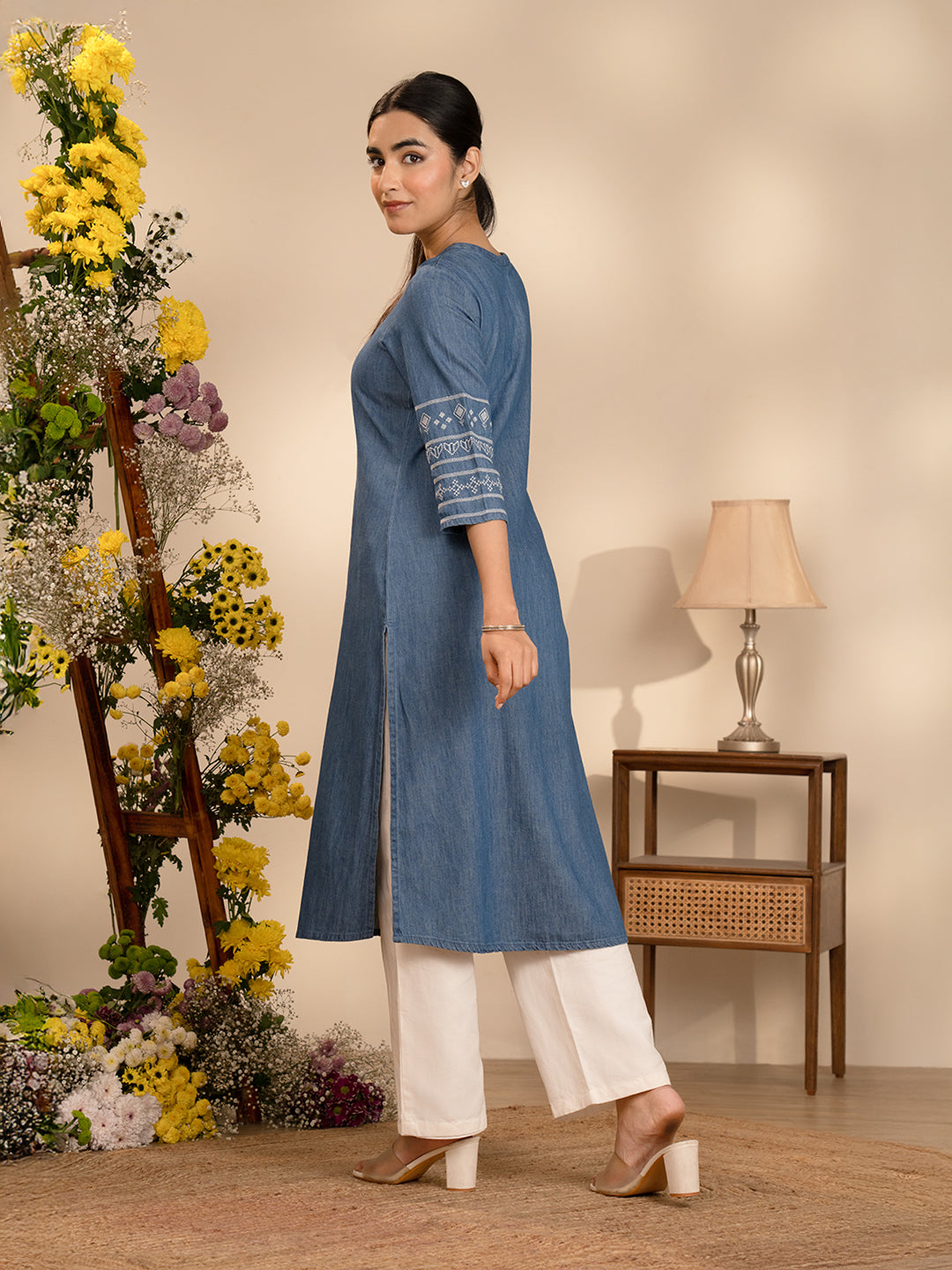 Cross Stitch Denim Indigo Kurta - Etiquette Apparel