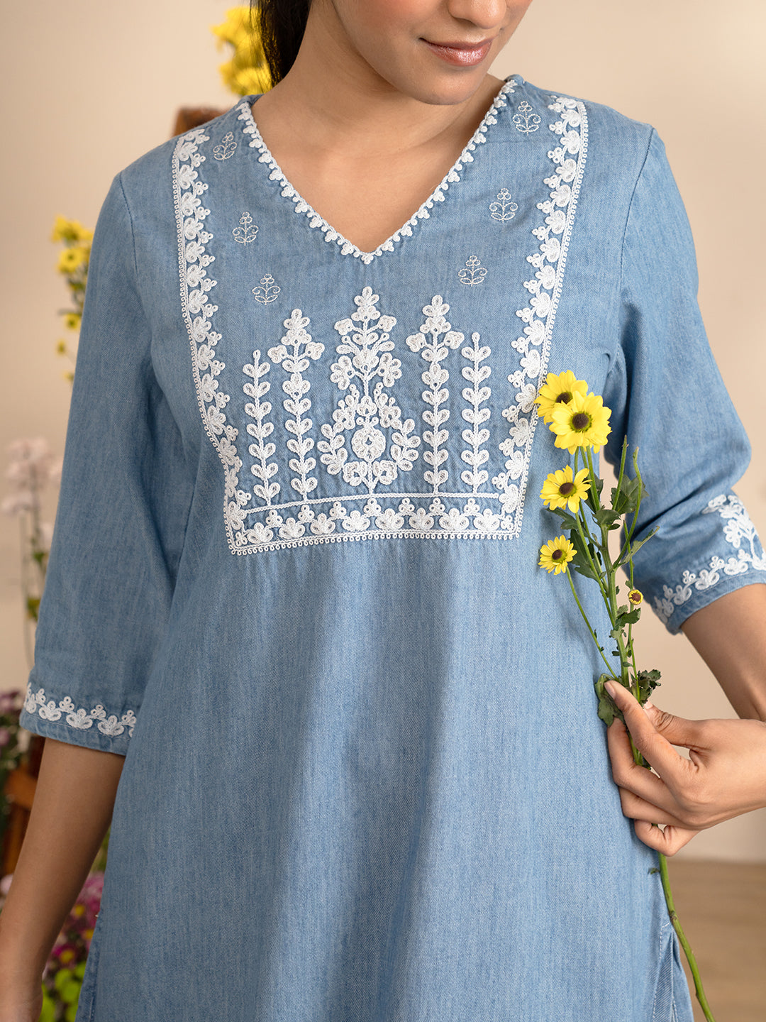 Floral Dori Yoke Indigo Kurta - Etiquette Apparel