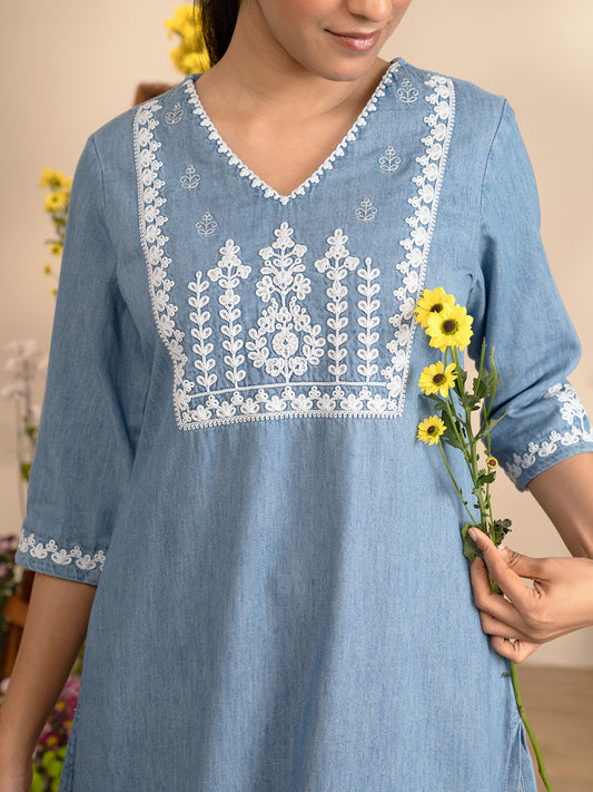 Floral Dori Yoke Indigo Kurta - Etiquette Apparel