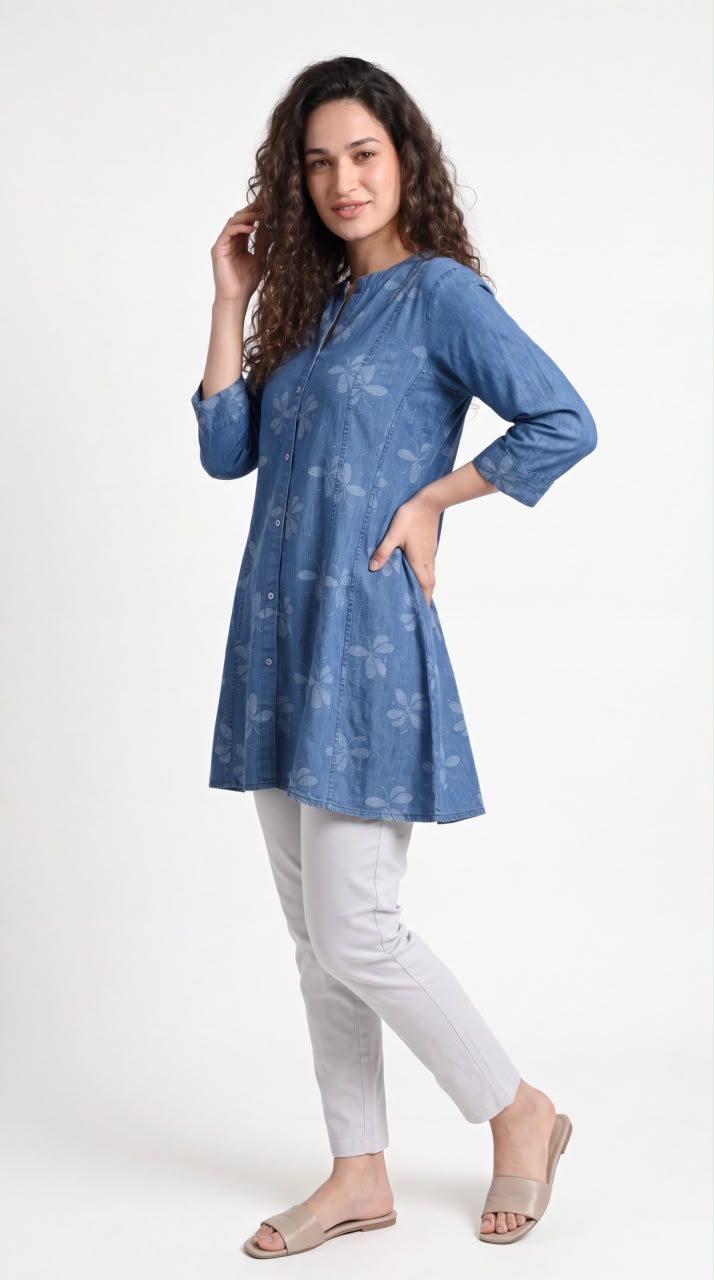 Chic Floral Printed Denim Top