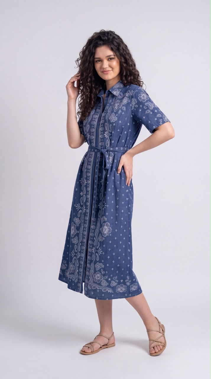 Floral Paisley Printed Denim Dress