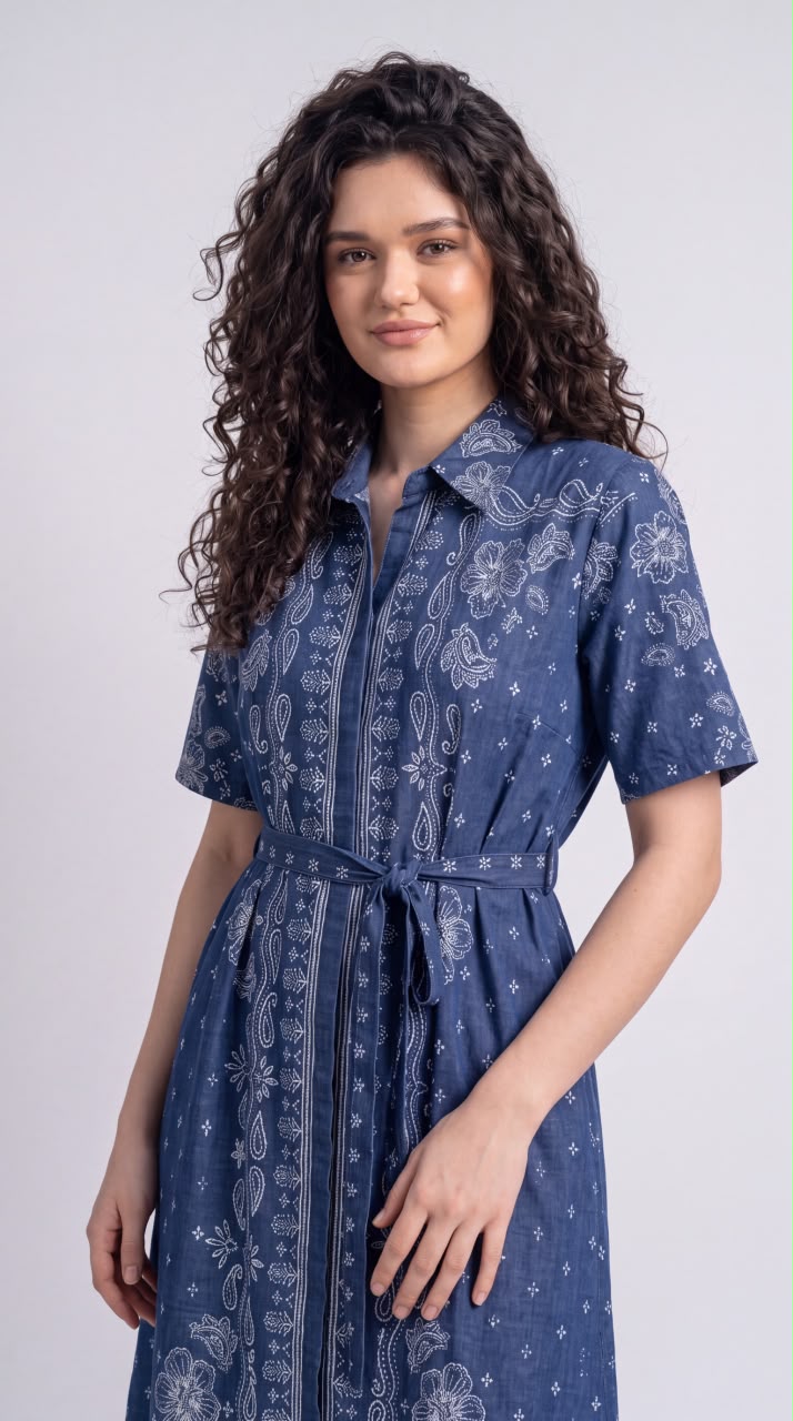 Floral Paisley Printed Denim Dress