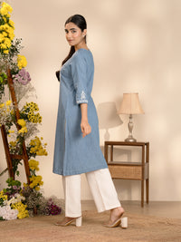 Floral Dori Yoke Indigo Kurta - Etiquette Apparel