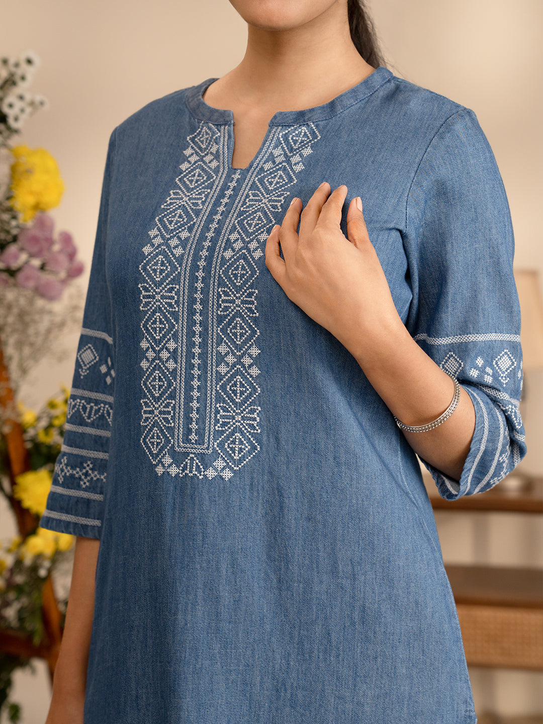 Cross Stitch Detailed Denim Indigo Kurta