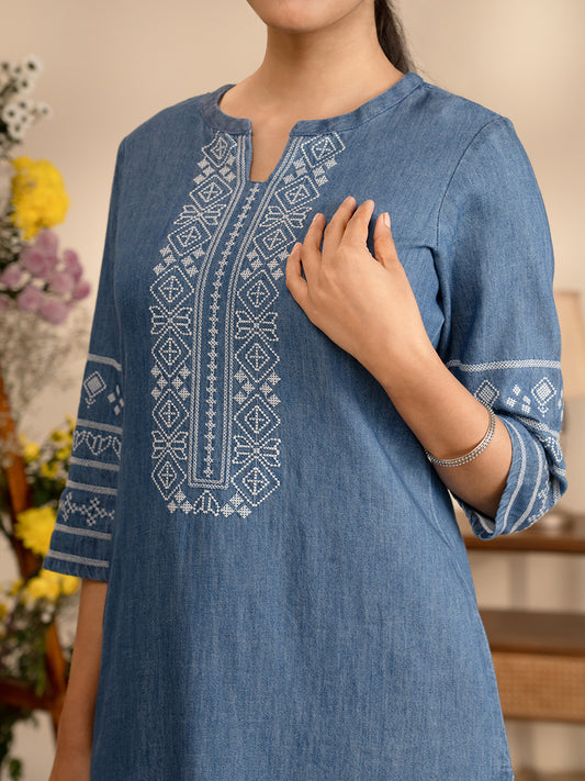 Cross Stitch Denim Indigo Kurta - Etiquette Apparel