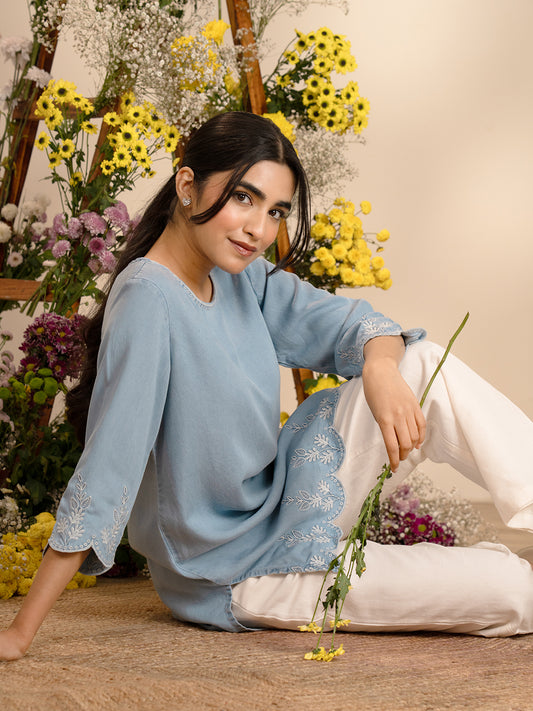 Scallop Cutwork Denim Indigo Top - Etiquette Apparel
