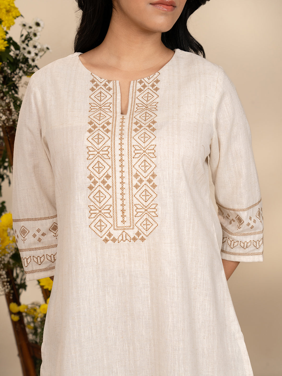Khadi Base Inspired Cross Stitch Detailed Top