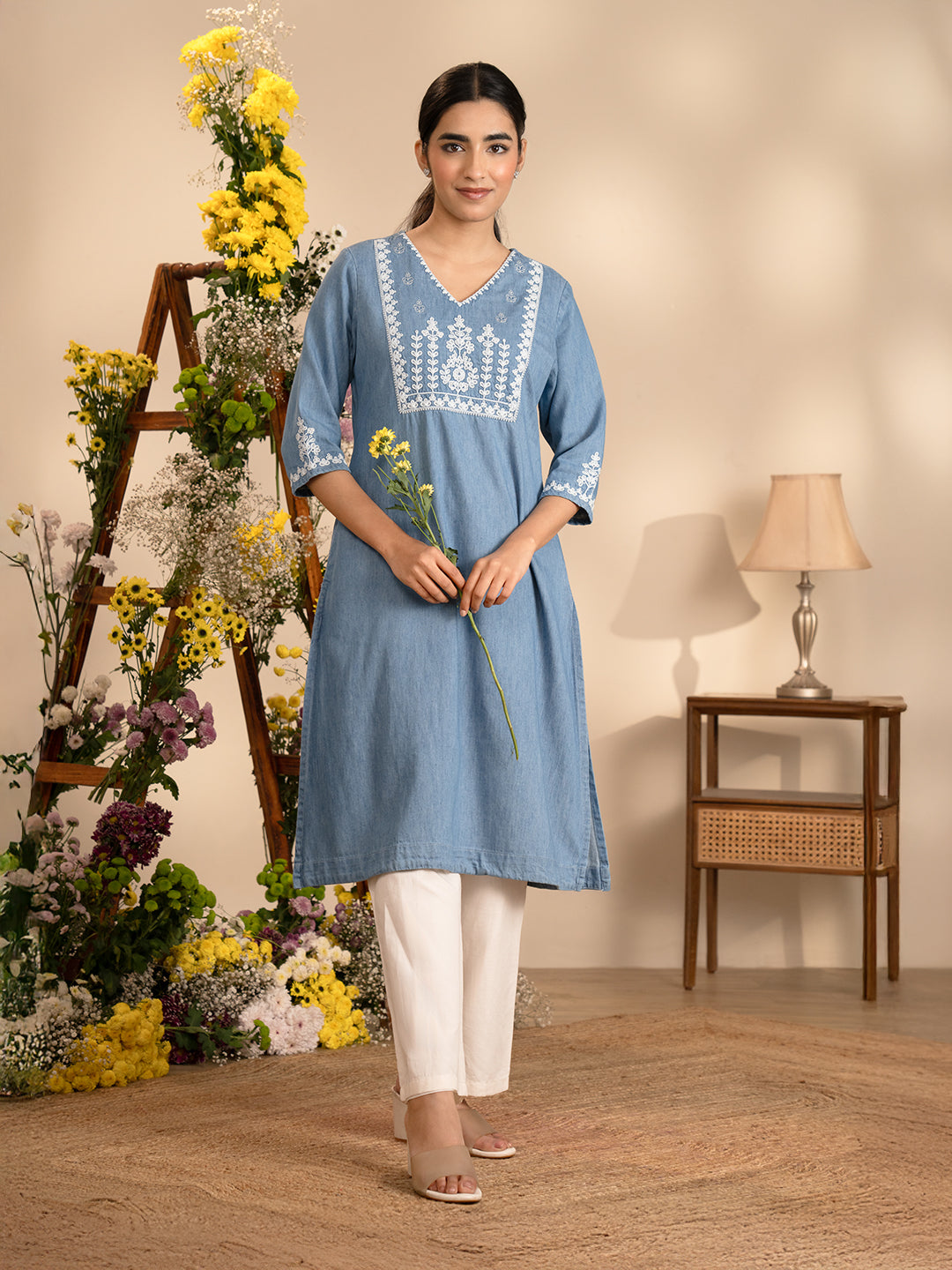 Floral Dori Yoke Indigo Kurta - Etiquette Apparel