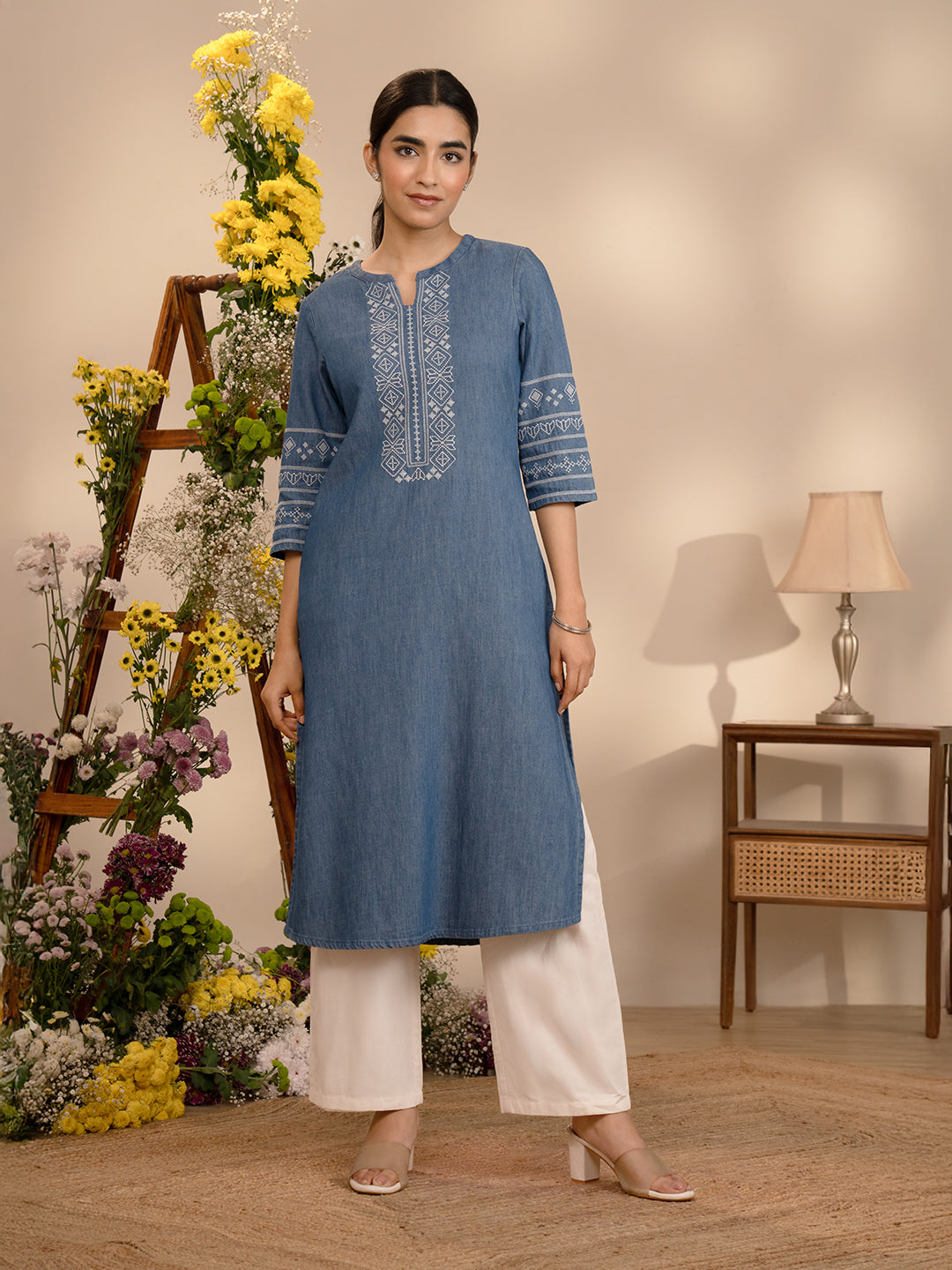 Cross Stitch Denim Indigo Kurta - Etiquette Apparel