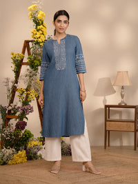 Cross Stitch Denim Indigo Kurta - Etiquette Apparel
