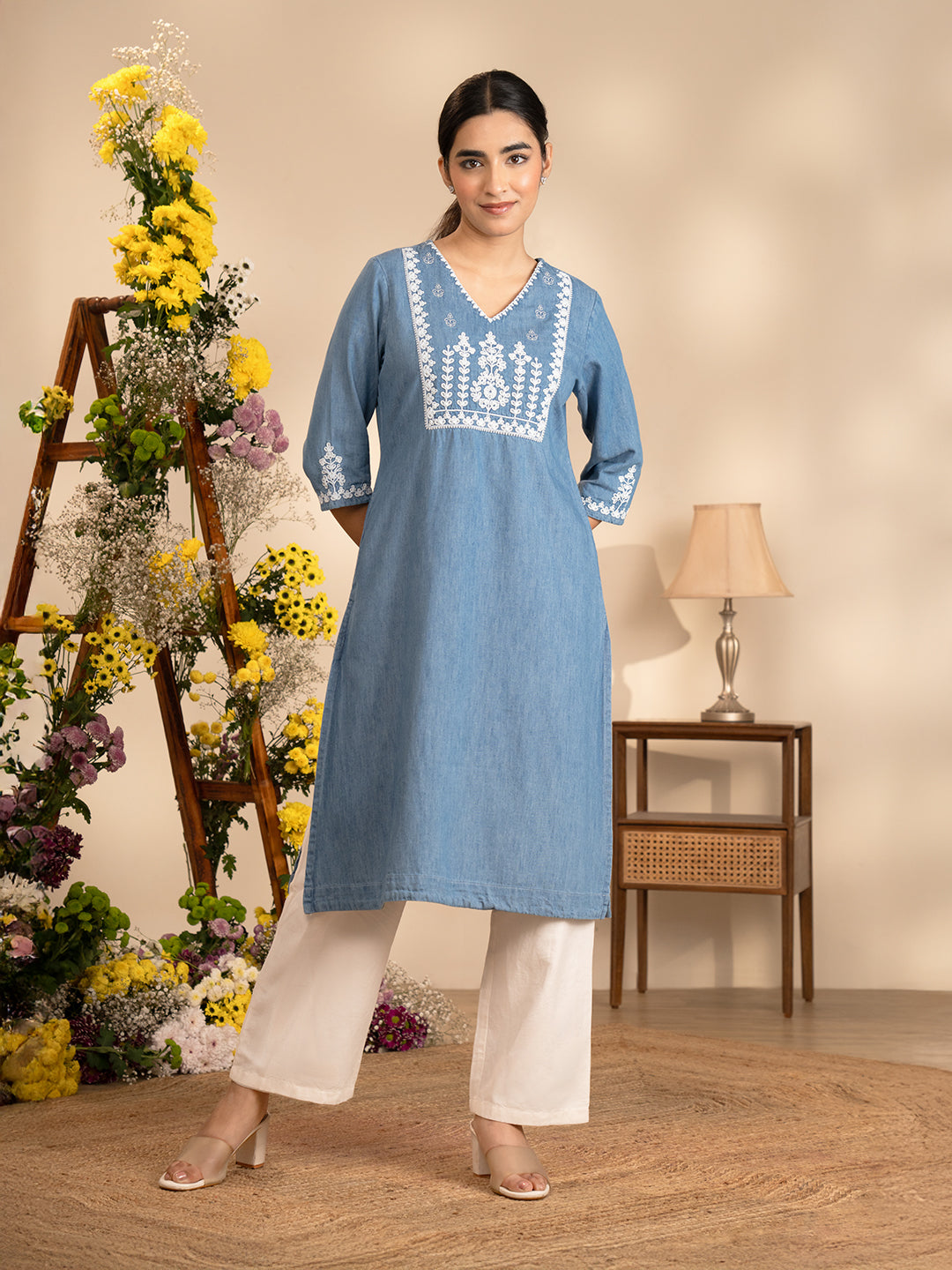 Floral Dori Yoke Indigo Kurta - Etiquette Apparel